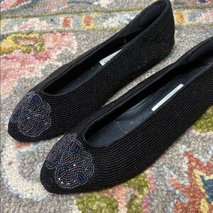 Vintage Caparros Beaded Flats Black Evening Shoes sz 9-9.5